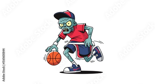 A Grotesque Undead Athlete Demonstrates Dribbling Skills with an Orange Basketball on a White Background
