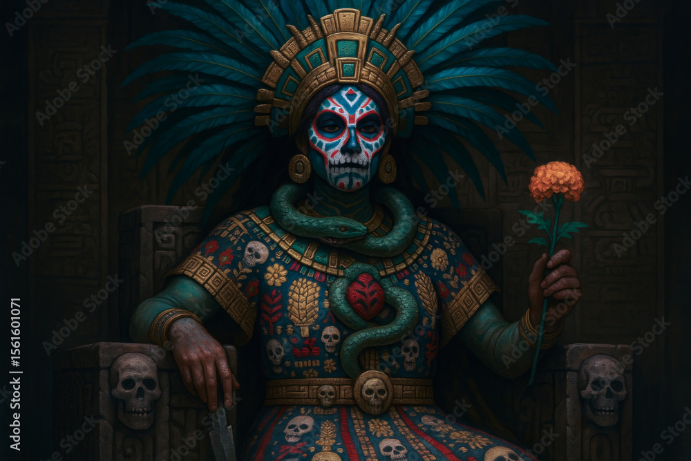 Fototapeta premium A majestic Aztec goddess or queen with Calavera makeup for the Day of the Dead, sitting on a throne and holding a marigold. Dark fantasy illustration.