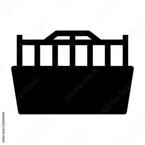 Black Silhouette of Shopping Basket Icon, A black silhouette of a shopping basket with handles, symbolizing shopping, retail, or consumer goods.

