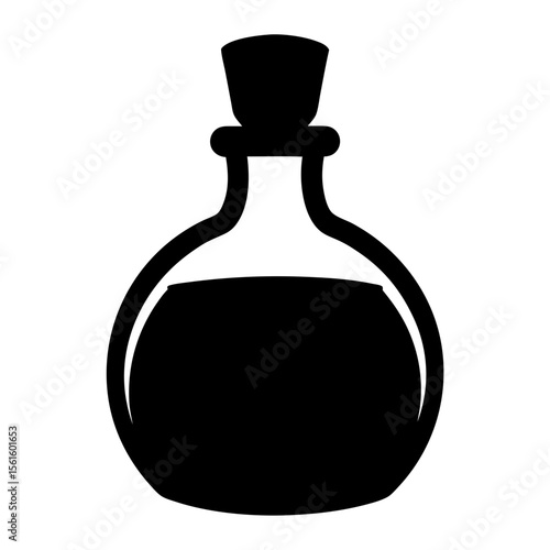 Black Silhouette of Bottle with Cork and Liquid, A black silhouette of a bottle with a cork, filled with liquid, symbolizing potion, beverage, or container.
