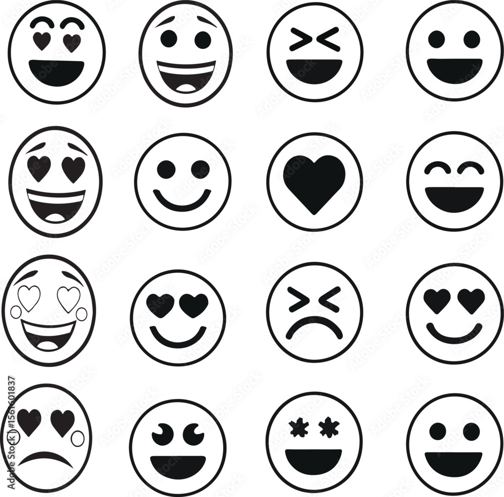 A collection of simple black and white emoji emoticons representing diverse emotional expressions A collection of simple black and white emoji emoticons representing diverse emotional expressions