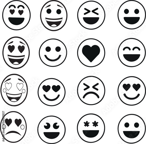 A collection of simple black and white emoji emoticons representing diverse emotional expressions