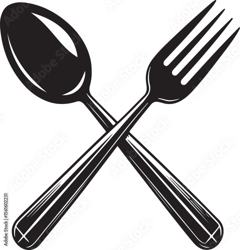 Crossed spoon and fork vintage illustration black and white restaurant icon graphic design