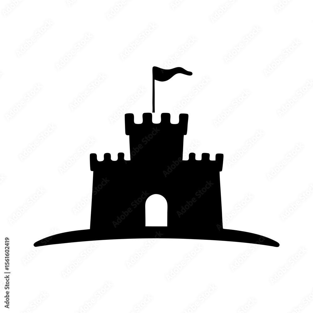 Obraz premium Black Icon of a Sandcastle, A black silhouette of a sandcastle with a flag, representing beach activities, children, or summer fun. 