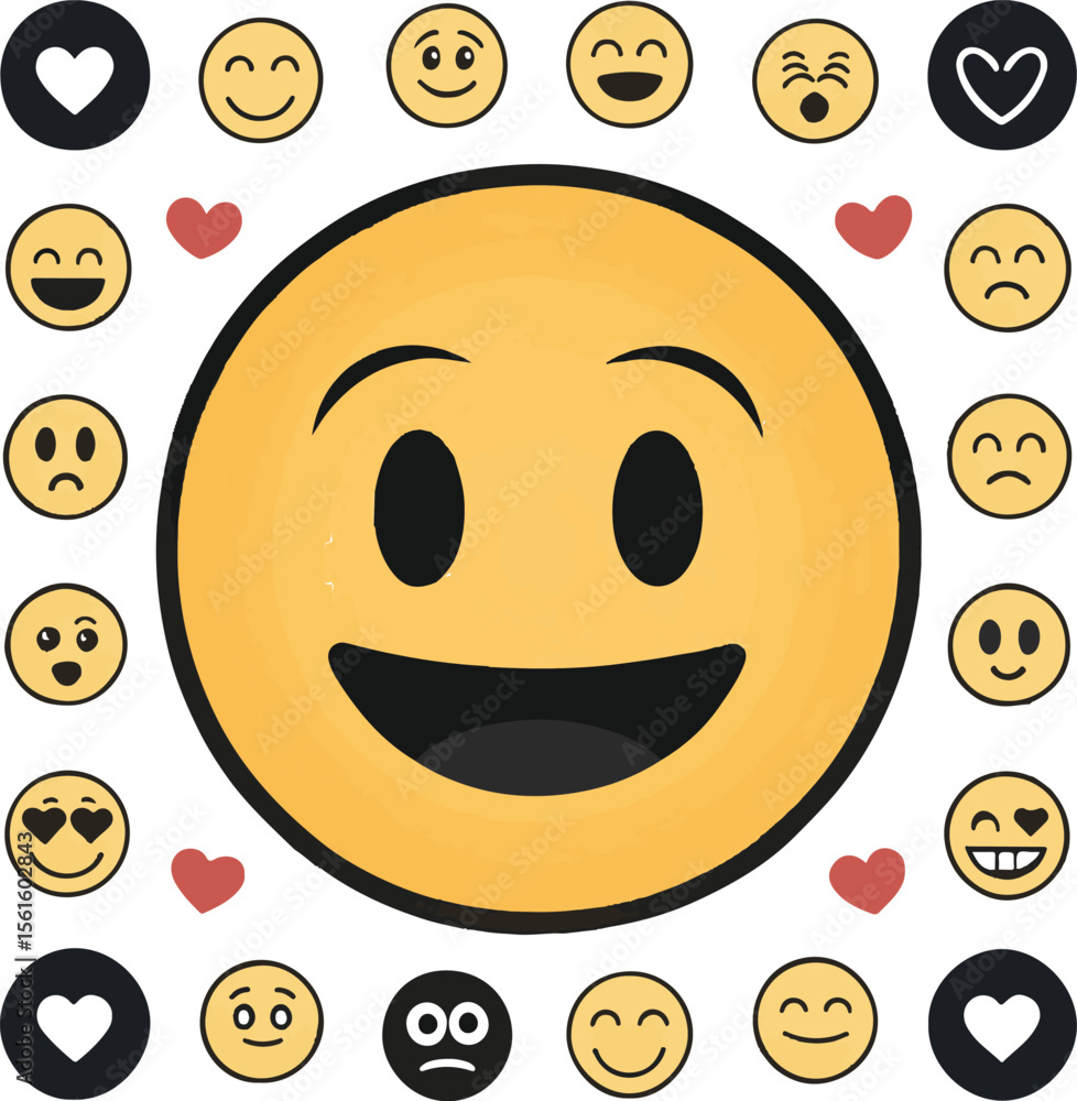 Fototapeta premium Collection of emoji illustrations featuring happy smiles hearts and various emotional expressions