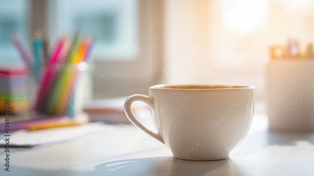 Close up of a ceramic coffee mug on a bright desk with blurred colorful stationery in the background. Close up of a ceramic coffee mug on a bright desk with blurred colorful stationery in the background.
