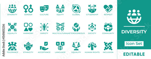 Diversity and Inclusion Icon Set. Features icons of unity, equity, gender, culture, and belonging. Perfect for HR teams, social causes, communities, and education.
