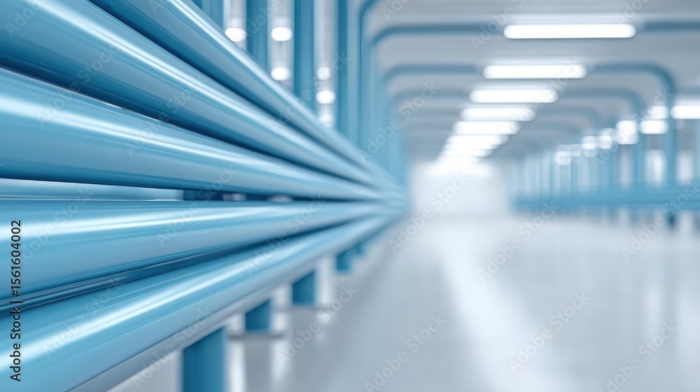 Obraz premium Modern futuristic tunnel corridor with blue pipelines and bright lighting interior.