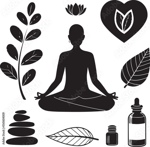 Peaceful yoga meditation practice featuring botanical elements and wellness symbols in black and white