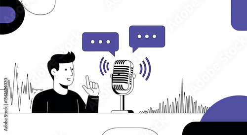 Podcast Recording, Man Speaking into Microphone, Audio Broadcasting Illustration
