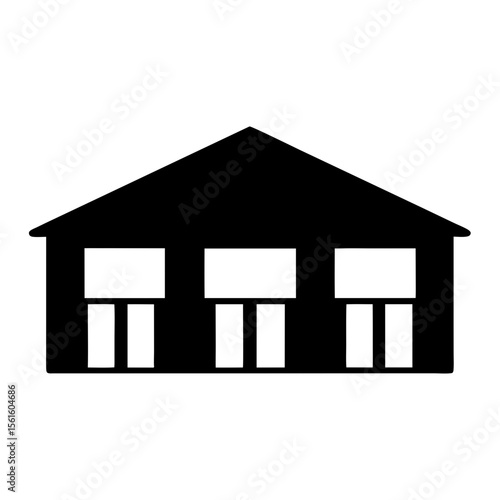 Simple black and white graphic depiction of a building with many windows