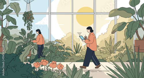 Two people enjoying a sunny day inside a lush greenhouse filled with abundant green plants and foliage creating a serene atmosphere