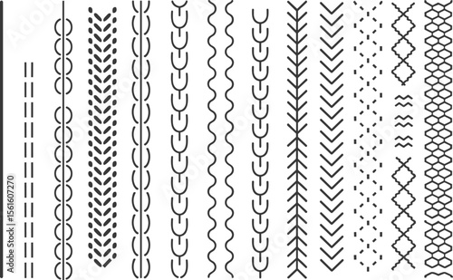  Set of Diverse Stitch Brush Designs, Seamless Sewing Pattern Templates for Fashion Illustration and Technical Drawings, Embroidery and Decorative Stitching CAD Vector Elements