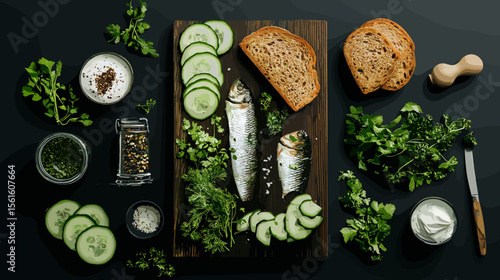 Fresh mackerel with cucumbers and herbs on wooden platter with bread  