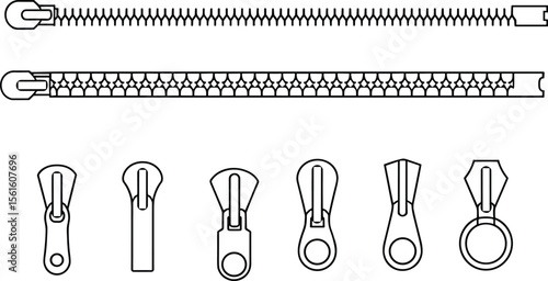 Zipper CAD Drawing Flat Vector Illustration - Essential Fastener Design, Clothing Accessory, Bag Closure, Technical Apparel Component for Fashion Industry and Textile Products