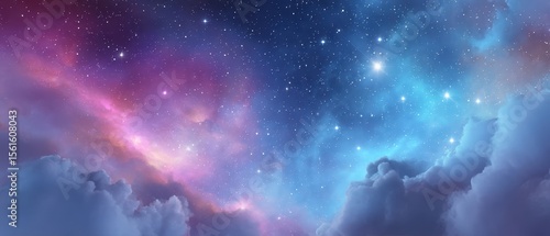 Vibrant cosmic scene showcasing a starry sky with rich hues of blue, purple, and pink, surrounded by soft clouds.