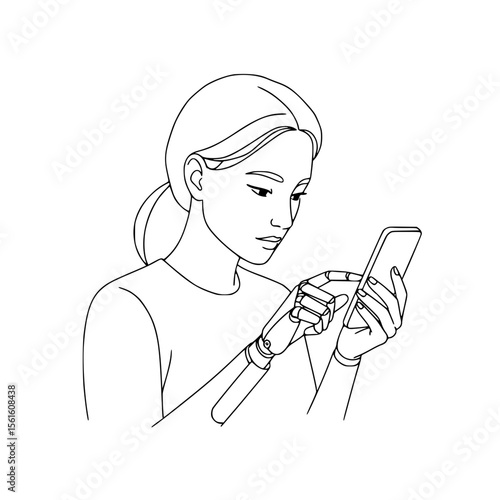 Woman using smartphone with bionic prosthetic arm and focused on the screen - Concept of line drawing, isolated vector image on transparent background  