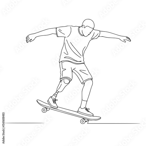 Skateboarder with prosthetic leg performing a trick in line drawing style,  isolated vector image on transparent background 