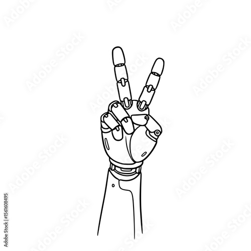 Robotic hand making peace sign in line drawing, isolated vector image on transparent background, bionic prosthetic arm 