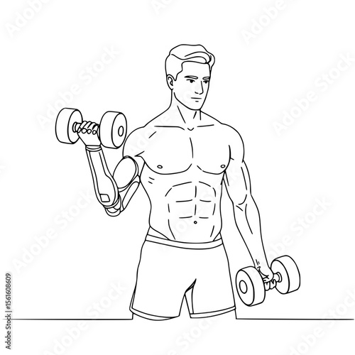 Young man exercising with dumbbells in line drawing style, bionic prosthetic arm, isolated vector image on transparent background