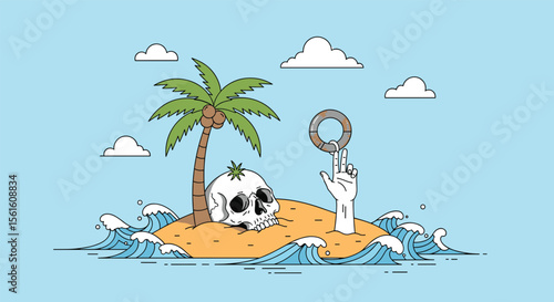 Surviving on a Deserted Island with a Mysterious Ring and Crashing Waves Under a Cloudy Sky