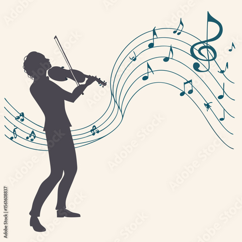 Silhouette of a violinist playing with musical notes flowing around him in a stylized composition