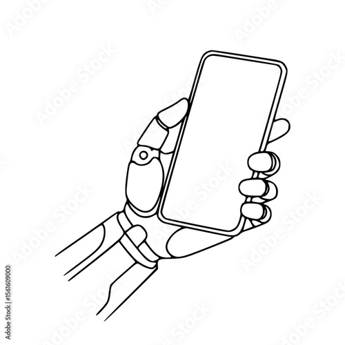Robotic hand holding smartphone in line drawing, isolated vector image on transparent background, bionic prosthetic arm  