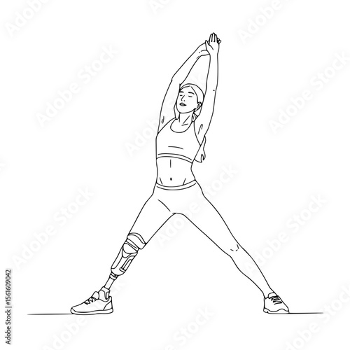 Young woman stretching with prosthetic leg in line drawing style, isolated vector image on transparent background  