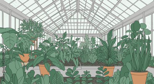 A beautifully illustrated indoor botanical garden filled with lush green plants growing in pots under a clear glass roof and structure