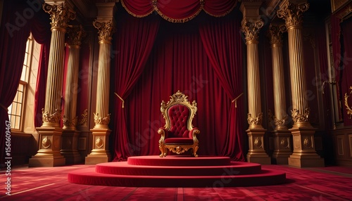 Luxury red throne room interior. Gold royal chair on red velvet stage. Ornate baroque design with gold columns and drapes. Glamour, elegance, royalty concept, history decor