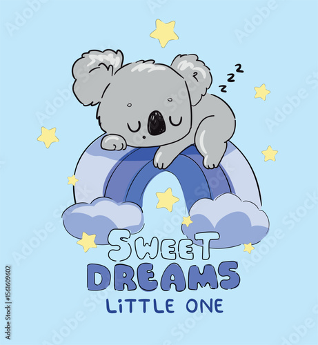 Photography Hand Drawn Cute Koala Sleeping on Rainbow with Sweet Dreams Little One Lettering