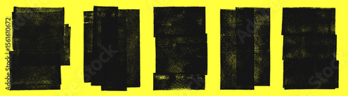 Grunge geometric textures set. Linocut, relief printing rectangle rough textured distressed shapes collection. Black uneven edge backgrounds, text frames. Paint roller stains, lino ink grungy remains