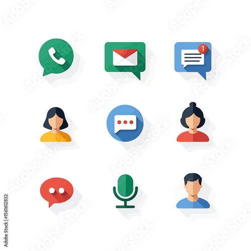 Collection of nine colorful flat design icons representing communication methods such as phone call, email, message, chat, and user profiles, ideal for websites and applications.