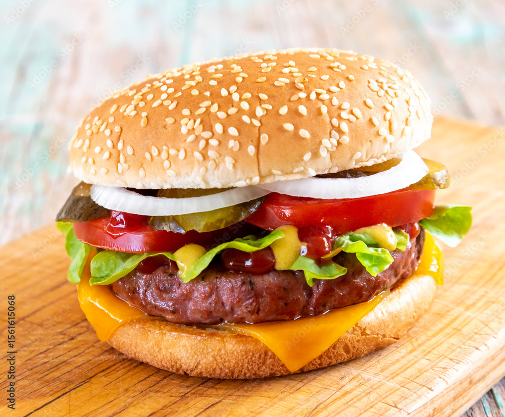 Fotografie Hamburguesa con queso, lechuga, tomate, cebolla.
