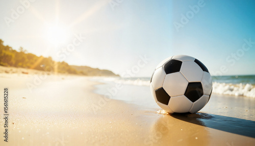Soccer ball on beach during sunny day  waves gently touching sand. Soccer ball in pristine condition is ready for game on sandy beach. Summer soccer ball concept for sports and recreation 