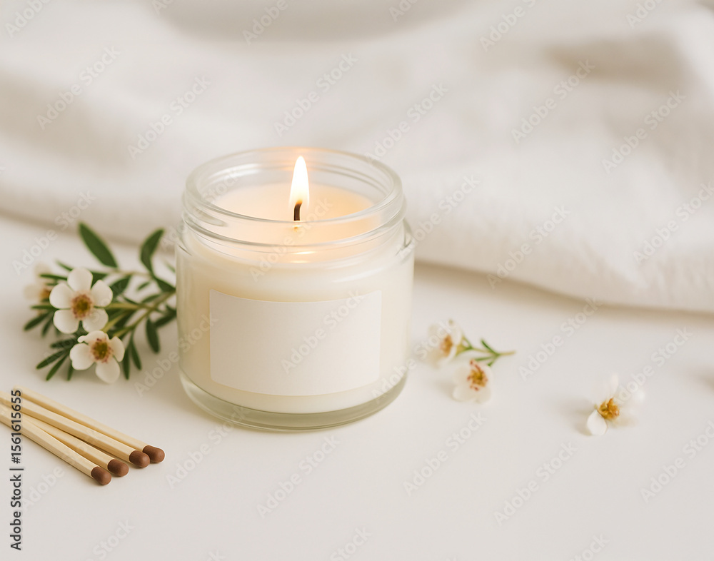 Lit white soy candle in a glass jar with blank label, surrounded by delicate flowers, wooden matches and soft fabric. Minimalist spa scene with calm, cozy atmosphere. Lit white soy candle in a glass jar with blank label, surrounded by delicate flowers, wooden matches and soft fabric. Minimalist spa scene with calm, cozy atmosphere.