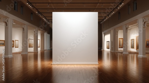 Spacious art gallery interior with overhead lighting artworks on white walls and polished wooden floor.
