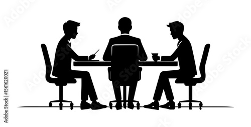 A black and white silhouette illustration depicts three businesspeople seated around a table, likely engaged in a discussion.