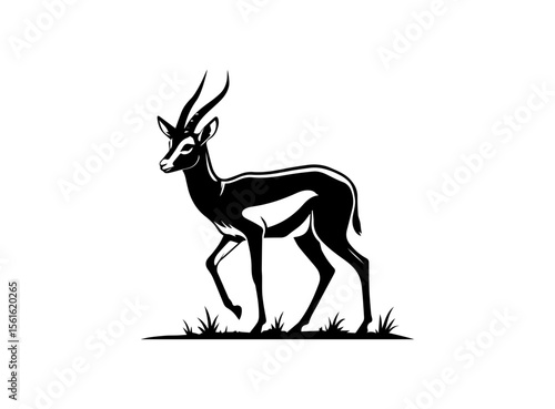 A striking, black and white silhouette of a gazelle, likely a springbok, is featured.