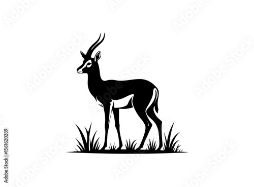 A striking, black and white silhouette of a gazelle, likely a springbok, is featured.