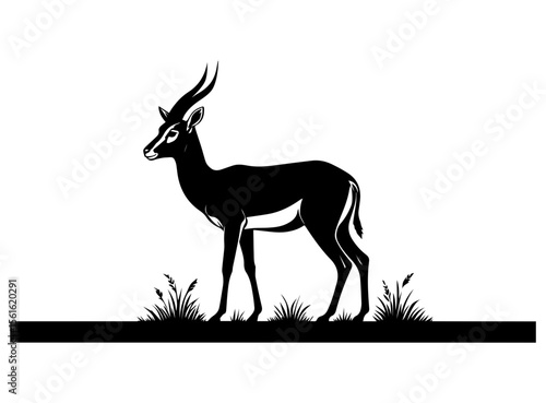 A striking, black and white silhouette of a gazelle, likely a springbok, is featured.