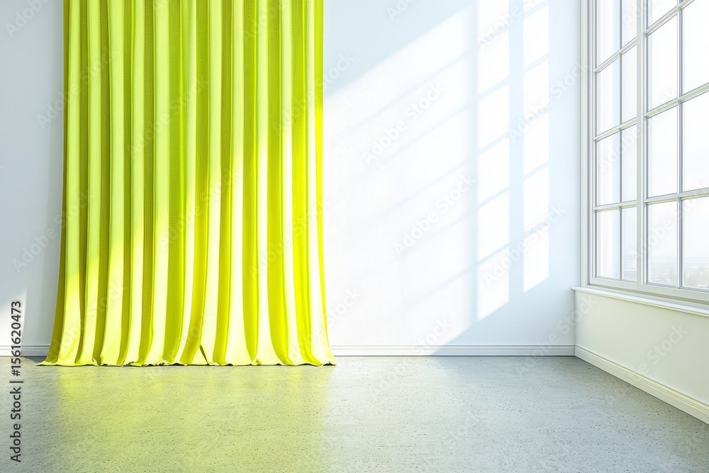 Obraz premium A minimalistic interior featuring a white wall and a sunny yellow curtain exudes tranquility and style.
