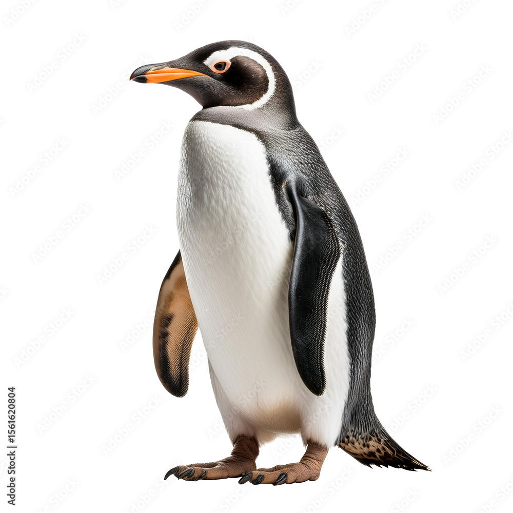 Fototapeta premium Penguin Standing Upright Front View – Antarctic Bird with Black White Orange Plumage on Isolated on a transparent background