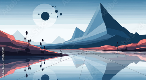 Expansive Pixel Art Landscape with Distant Mountains and Reflective Water Under an Alien Sky
