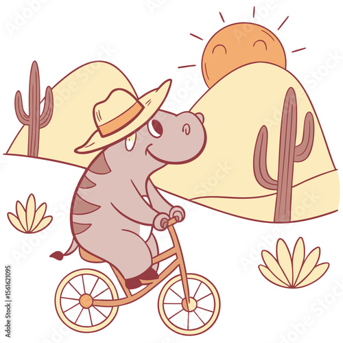 Delightful Silly Baby hippo in a Desert sunset scene with riding a bicycle – Sundown Glow vector illustration