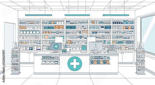 Modern Pharmacy Interior Design With Shelves Filled With Medicines And Healthcare Products Creating A Clean And Organized Shopping Experience