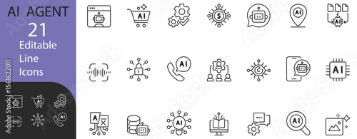 21 editable line icons focused on AI agents, chatbots, automation, data, and voice assistants — perfect for tech apps, SaaS UI,UX, presentations, and innovation branding.
