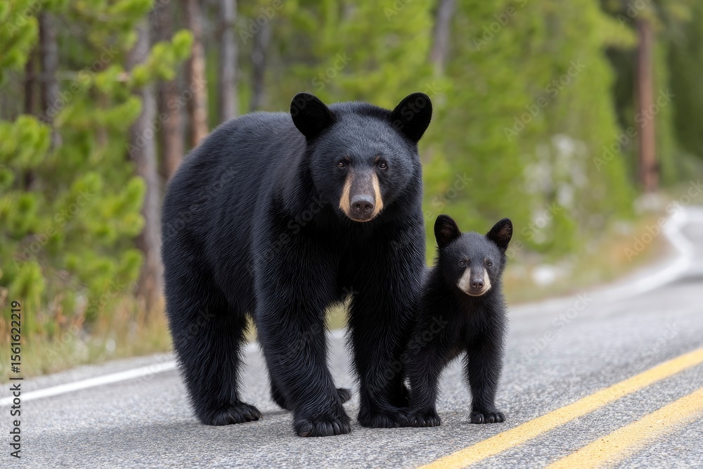 Fototapeta premium Black bear cub on road adult bear in front cub slightly behind trees blur in background
