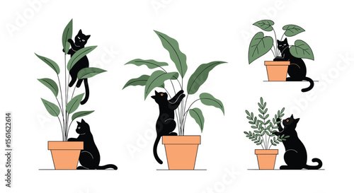 Playful Black Cats Delight in Climbing and Exploring Lush Green Houseplants in Cozy Indoor Scenes