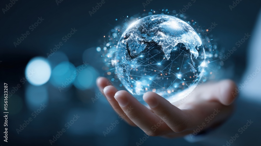 Hand Holding Digital Globe with Network Connections and Glowing Earth Effect. Hand Holding Digital Globe with Network Connections and Glowing Earth Effect.
